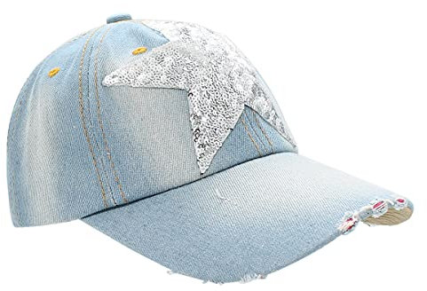 dy_mode Damen Kappe Mütze Jeans Baseball Cap mit Glitzer Love Sterne Pailletten - C021 (K208-SilverStar)