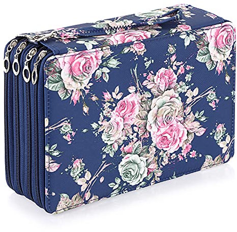 BSTKEY 200 Slots Pencil Holder Pouch Storage Bag, Multifunctional Pencil Wrap Case Organizer with Zipper for Color Pencils Stationery, Rose (Dark Blue)