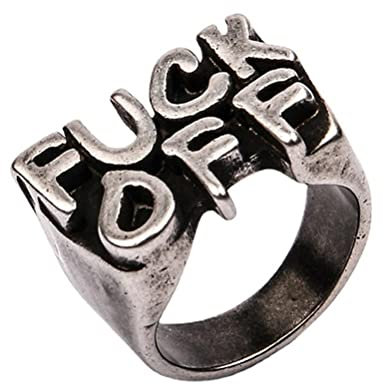 PAMTIER Herren Edelstahl Cool Letter Fuck Off Mittelfinger Ring Personalisierter Punk Rock Schmuck Antikes Silber Größe 70