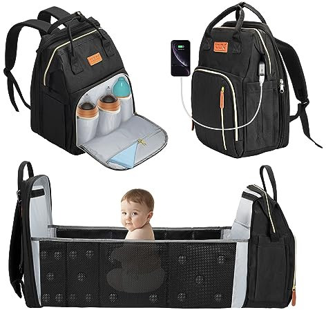 YUNISS Wickelrucksack Wickeltasche, Multifunktional Wickeltasche Rucksack, Große Kapazität Wasserdichte Babytasche mit Bettfunktion, Wickelunterlage und Kinderwagengurte (Schwarz)