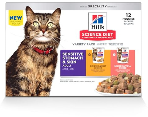 Hill's Science Diet Adult Sensitive Stomach & Skin Wet Cat Food Variety Pack, Chicken & Beef, Salmon & Tuna, 2.8 oz. Pouches, 12-Pack