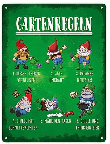 Gartenregeln Metallschild XXL in 28x38 cm mit lustigen Gartenzwergen als schöne Gartendekoration für Terrasse und Garten um deinen Gästen ein Lächeln ins Gesicht zu zaubern grüner