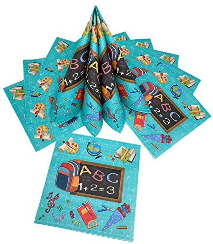 Oblique Unique® 20 Servietten für Schuleinführung Schulanfang Einschulung Deko mit bunten ABC Zuckertüte 1 + 2 = 3 Tafel Rucksack Motiv Schule - türkis