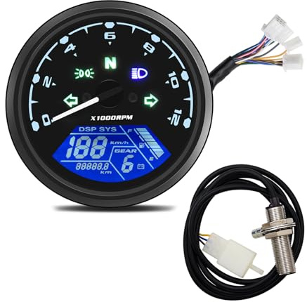 Geloo Tachometer für Motorrad, digital, Tacho für Motorrad, 12000 U/min, 199 km/h, Universal für 1,2,4 Zylinder, mit multifunktionaler Kontrollleuchte, 12 V