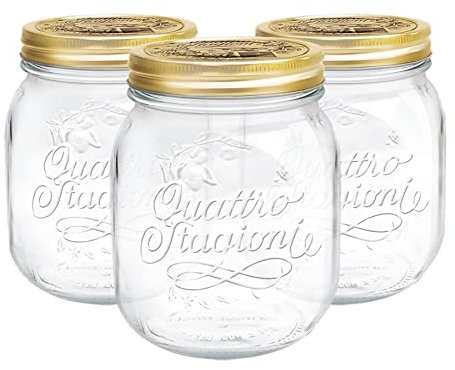 Bormioli Rocco Quattro Stagioni Glass Storage Jars - Traditional Kitchen Food Canister with Screw Top Lid - 700ml - Pack of 3