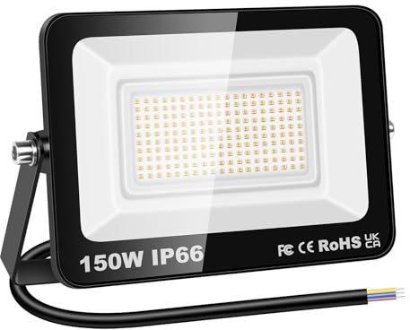 RIGIDON 1x 150W Focos led Exterior, 15000LM Proyector Luz Exterior Leds, IP66 Impermeable 3000K Blanco Neutro, Para Seguridad Para Jardín Patio Plaza Garaje Terraza Estadio Obra