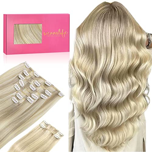 WENNALIFE Extensiones de Clip de Pelo Natural, Rubio Ceniza Resaltado Rubio Platino 150g 45cm 9 Piezas Extensiones Pelo Natural Remy Cabello Humano Extensiones Pelo Natural Clip Extensiones de Clip