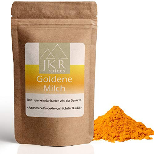 JKR Spices 500g Goldene Milch Pulver für Kurkuma Latte und co. | Golden Milk Pulver mit Kurkuma, Ingwer und Safran für Curcuma Latte im wiederverschließbaren Doypack (500)