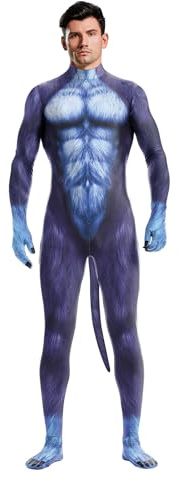 Bemeiren Bodysuit-Tierkostüm für Herren mit großem Schwanz, Druck, Petsuit, Spandex, pelziger Overall, für Cosplay, Halloween-Party