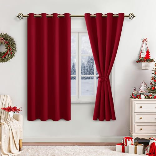 JIUZHEN Gardinen Blickdicht Weihnachtsvorhänge Vorhänge Wohnzimmer mit Vorhang-Krawatten Verdunkelungsvorhang Wärmeisolierende Thermovorhang für Weihnachten, Rot, 2 Stück, 175x140cm(HxB)