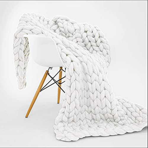 Grob gestrickte Decke, weiche, dicke Bettdecke, solider handgestrickter Überwurf, warmer und gemütlicher Überwurf für Haustier, Couch, Yoga, Matte, Bank, Stuhl, Bett, 150 x 200 cm, Weiß