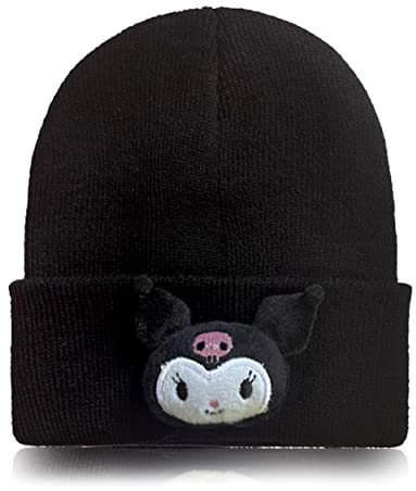 Roffatide Anime Kuromi Niedliche Beanie Mütze Kawaii Lolita JK Caps Winter Strickmütze für Jungen Mädchen Gestickte Beanie Mütze