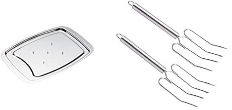 MASTERCLASS Spiked Carving Tray, Stainless Steel, Silver, 38 x 26.5cm Stainless Steel Meat Lifting Forks (Set of 2), Silver