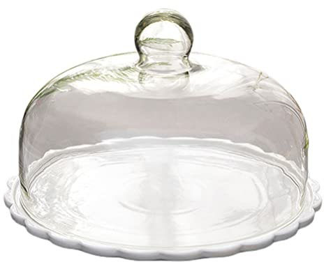 DOITOOL Cake Stand with Glass Dome Lid Ceramic Serving Tray Wedding Cake Display Cheese Platter Cupcake Server Dessert Plate for Birthday Wedding Baby Shower
