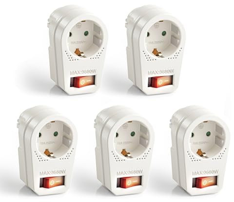 Adaptador de Enchufe con Interruptor de Encendido/Apagado, 1x Enchufe Schuko, 16A / 250V AC, 3680 vatios, Blanco, Juego de 5