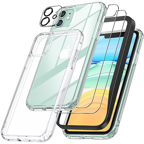 Emetok 4 in 1 Set für iPhone 11 Hülle, [stoßfest und Anti-Vergilbung] Kantenverstärkte Hülle mit 2 x Schutzfolie und 1 x Kameraschutz für iPhone 11 6.1, Klar