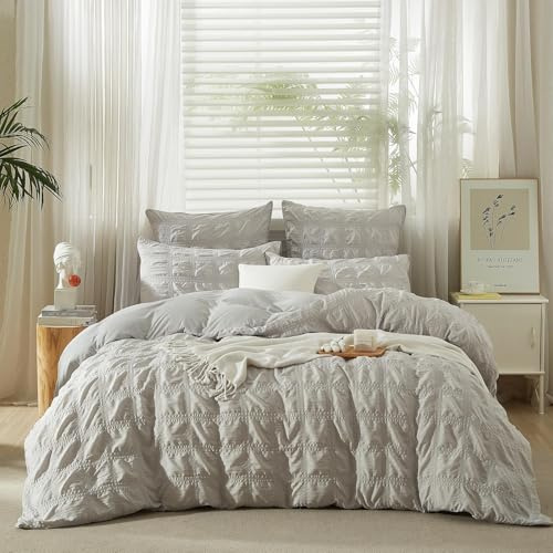 YASMENG Bettwäsche Seersucker 200x220 Sommer Grau Kariert Bettwäsche Weich Flauschig Atmungsaktiv Mikrofaser Bettbezug Set 3 Teilig Romantisch Deckebezug mit Reißverschluss und 2 Kissenbezüge 80x80 cm