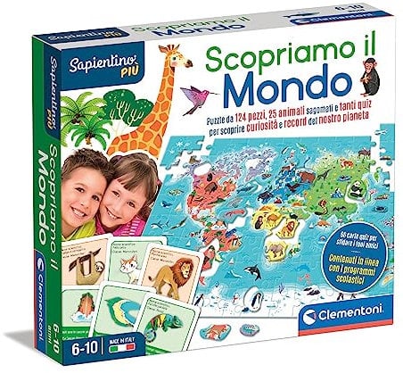 Clementoni - Sapientino Plus- Wir entdecken 6 Jahre lehrreich über Geographie, Geographie der Welt, Weltkarte, Spiel Planet Erde, Puzzle für Kinder, Made in Italy, italienische Farbe, 16597