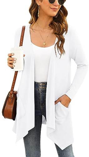 Yommay Strickjacken für Damen Elegante Langarm Damen Lässig Licht Cardigan High Low Saum mit Taschen,Weiß,Groß