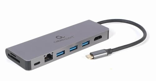 Gembird USB Typ-C 5 Ports, 5-in-1 Multi-Port Adapter (Hub + HDMI + PD + Kartenleser + LAN) 4K UHD, 87W Power Delivery, Robustes Metallgehäuse