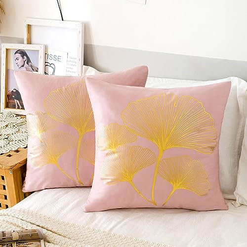 2er Set Kissenbezug Rosa 45x45 Samt Kissenbezüge Soft Cosy Dekokissen Kissen Ginkgo Biloba Blätter Kissenbezug Kissenhülle Dekokissenbezug für Schlafzimmer Wohnzimmer Bett Balkon Sofakissen