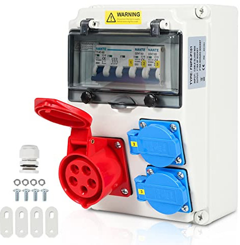 Tubiaz Stromverteiler 16A, Baustromverteiler 2x16A 230V+1xCEE 16A 400V 5 polig, Wandverteiler mit LS-Schalter, Starkstrom Verteiler IP44 für Baustellen