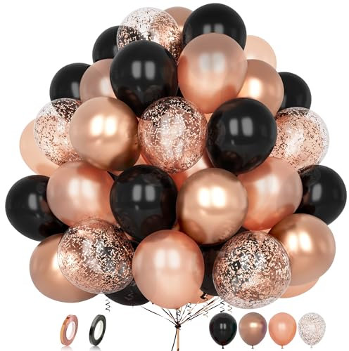 Rose Gold Black Balloons, 60 pcs 12 Inch Matte Black Pearl Metallic Rose Gold Confetti Latex Balloons with Ribbon for Girls Women Birthday Baby Shower Wedding Anniversary Engagement Party Decoration