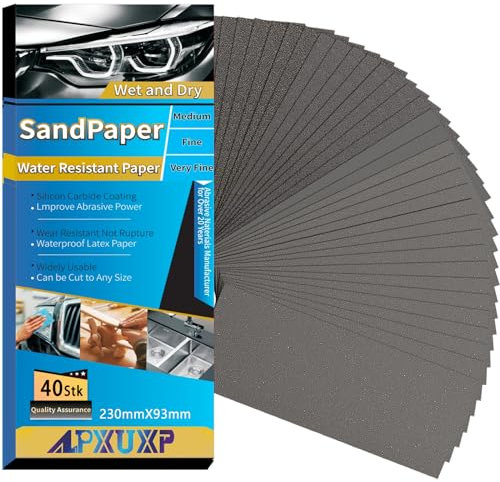 ALPXUXP Schleifpapier Set 40 Stück Nass und Trocken Profi Wasser Schmirgelpapier,für Auto|Metall|Holzmöbel|Stein|Lack|Glas,Körnung 60/80/120/150/180/240/400/600/800/1000,23 x 9cm