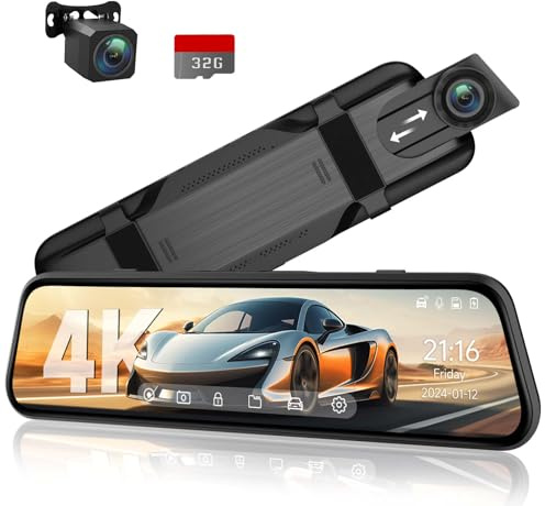 Veement 4K Rear View Mirror Camera, 10'' 4K Mirror Dash Cam with 1080P Backup Camera, Dash Cam Front and Rear for Car with Voice Control, 24H Parking Mode, Night Vision, 32GB SD Card Included