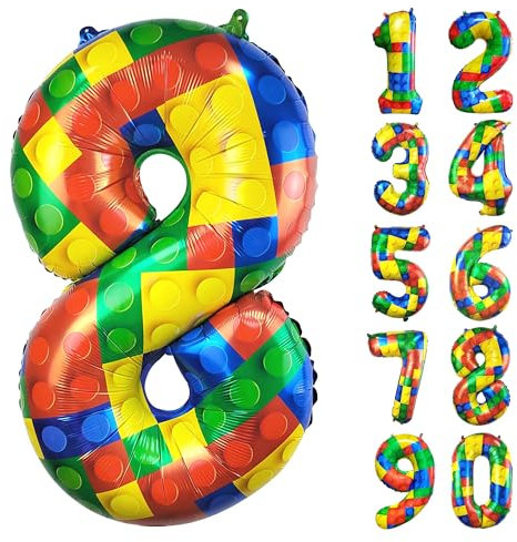CHANGZHONG 32 Inch Building Block Number 8 Balloons 8 year old Large Big Helium Foil Mylar Balloon for Girls Boys 8th Birthday Party Decoration Supplies