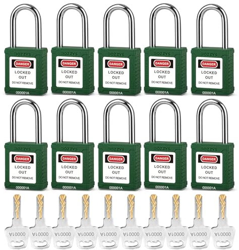 Juego de 10 candados de seguridad de nailon de bloqueo/etiquetado, verde, cilindro de aleación de zinc, candados de bloqueo con llave igual, 10 llaves por juego, para evitar el funcionamiento