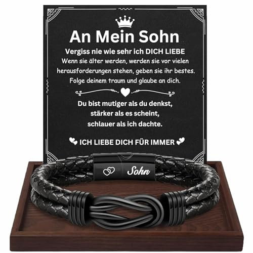 TERRISHE Geschenk für Männer Herren Armband Schwarzes Lederarmband für Papa Sohn mit Gravur Weihnachten Abschlus Geburtstag Geschenk für Männer Jungen