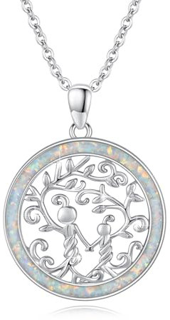 ECHOOY Tree of Life Necklace 925 Sterling Silver Mother and Children Necklace with Opal Tree of Life Necklace Jewellery Gifts for Girls Women Mom Wife Mother's Day