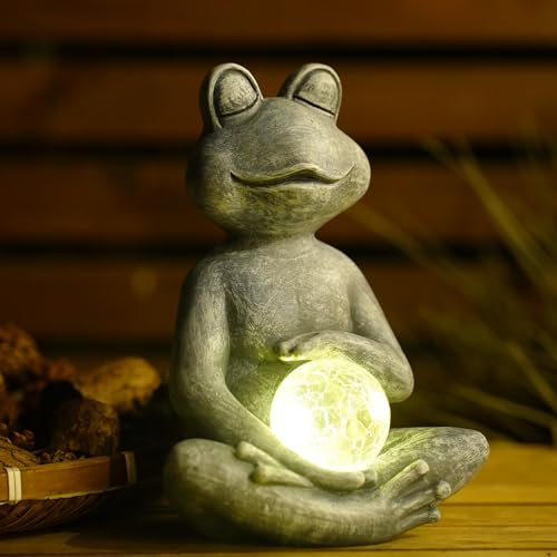 Solar Outdoor Garden Meditating Yoga Frog Statue With Gazing Solar Ball- Frog Gifts for Women/Mom, Zen Garden Frog Figurines for Home,Garden Decor,Patio, Lawn and Balcony