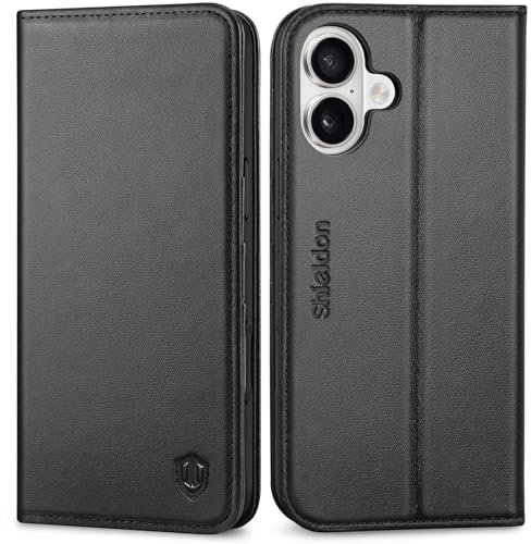 SHIELDON Case for iPhone 16 Plus 5G 6.7, Genuine Leather Wallet Case with [Kickstand][Card Slots][RFID Blocking] Magnetic Shockproof Flip Folio Cover Compatible with iPhone 16 Plus 2024 - Black