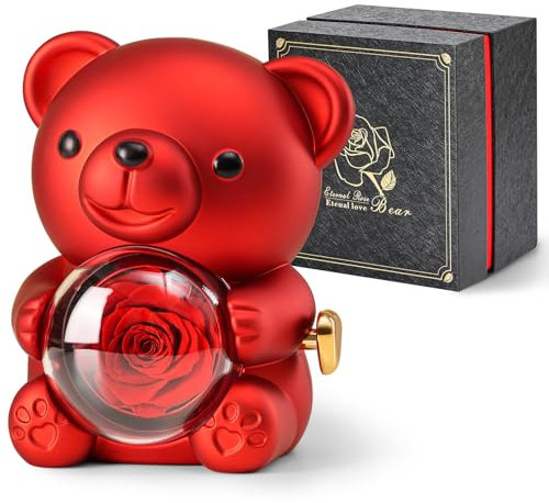 Ariceleo Ours en Rose avec Rose Éternelle - Boîte à Bijoux Cachée & Collier en Forme de Cœur - Cadeau Unique pour Femme : Saint-Valentin, Fête des Mères, Mariages, Anniversaires, Baby Shower - Rouge