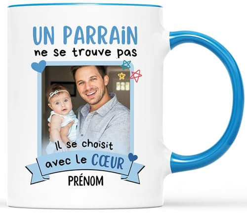 𝗖𝗔𝗗𝗘𝗔𝗨 𝗣𝗟𝗨𝗦 Mug Personnalisé Photo - Parrain Se Choisit Avec Le Cœur - Cadeau Parrain, Cadeau Parrain Marraine Bapteme, Cadeau Parrain Personnalisé, Mug Parrain, Tasse Parrain