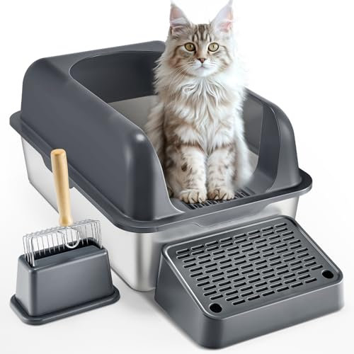 VEVOR Bac à Litière pour Chat Profondeur 152,4 mm Extra Large en Acier Inoxydable avec Pelle, Repose-pied Filtrant, Côtés Hauts, sans Odeur, Facile à Nettoyer, Adapté aux Grands Chats, Gris Foncé