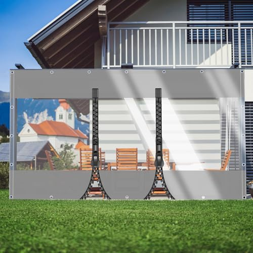 SSFMSF Teloni Trasparente Tenda Terrazzo for Gazebo PVC Telone Plastica Impermeabile con Occhiello, Impermeabile 2 Cerniere per gazebo balconi giardini. (H:2.2m*W:4m | 500g/m²) Grigio+Trasparente