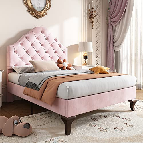 Merax Upholstered Bed Single Bed Height-Adjustable Headboard with Slatted Frame - Youth Single Bed in Velvet Pink (90 * 190CM)