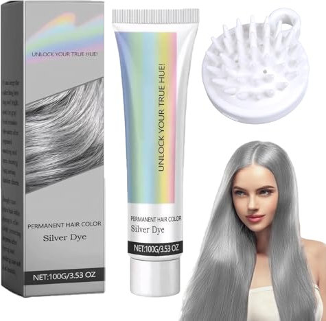 Haarfarbe Grau Silber Natural Silver Gray Hair Dye Cream, Grauhaarfärbecreme Silbergraue, Silver Gray Natural Hair Dye Cream Grauhaarfärbemittel für Alle Haartypen mit 1 Kopfhautmassagegerät (100ml)