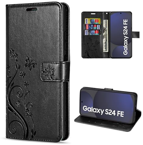 betterfon Hülle Kompatibel mit Samsung Galaxy S24 FE | Premium PU Leder Handyhülle Wallet Case für Galaxy S24 FE | Schutzhülle Blumen Klapphülle Handyhülle | Schwarz