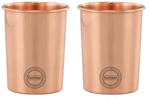 Fashnkart Juego de 2 vasos de cobre puro para beber agua, salud ayurvédica, 300 ml (10.14 oz) (lisos)