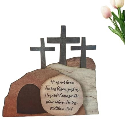 Osterkrippe Holz Osterszene Dekoration, Handgefertigte Jesus Krippe Holzkreuz Osterfigur Auferstehungs Szenen Set, Ostern Jesus Schild Etagere Tablett Dekorationen für Zuhause Tischplatte Büro
