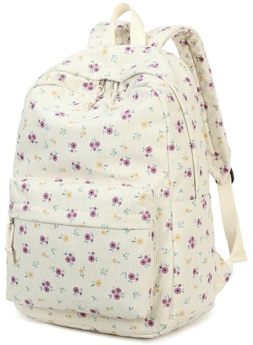 School Backpack for Teen Girls Bookbags Elementary High School Corduroy Laptop Bags Women Travel Daypacks, 183 Yellow Purple Small Flower, Modern