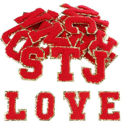 ElevateTech Buchstaben Zum Aufbügeln, 26 Stück Selbstklebende Chenille Buchstaben Aufnäher von A bis Z Bügel-Buchstabe Patches für Klamotten, Textilien, Hüte, Taschen (Rot)