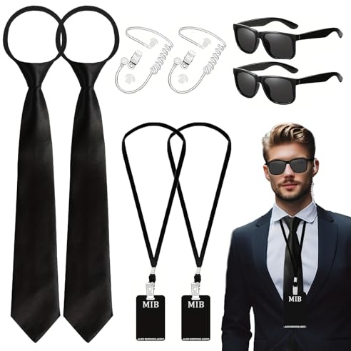 Agent Costume Accessories Set – Spy Costume Kit with Black Tie, Thin-Frame Glasses, Earpiece & ID Badge, Secret Agent Outfit for Halloween, Christmas, Cosplay, Role-Playing & Party Dress-Up