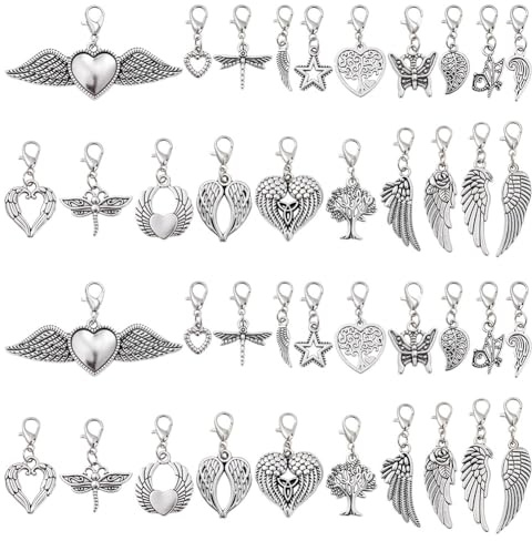AHANDMAKER 40 Stück Charm Anhänger Zum Anklipsen 20 Stile Anhänger Mit Flügeln Federn Und Herzen In Antik Silber Mit Karabinerverschluss Zur Schmuckherstellung