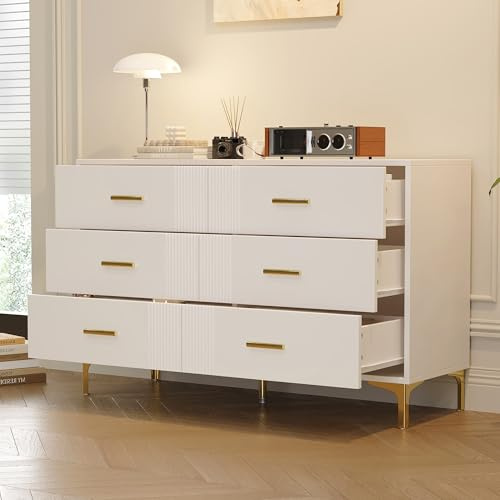 Moimhear Kommode mit 6 Schubladen, Weiße Tür Kommode mit Schubladen für Wohnzimmer und Schlafzimmer(Weiß + Gold, 120 x 40 x 76 cm)