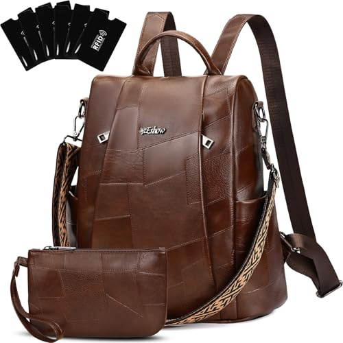 Eshow Rucksack Damen Klein, Anti-Diebstahl Elegant Cityrucksack, Wasserdichter Tagesrucksack Veganes Leder, Rucksacktasche mit Clutchbag RFID Blocker Modern für Pendeln Schule Arbeit Reise Braun